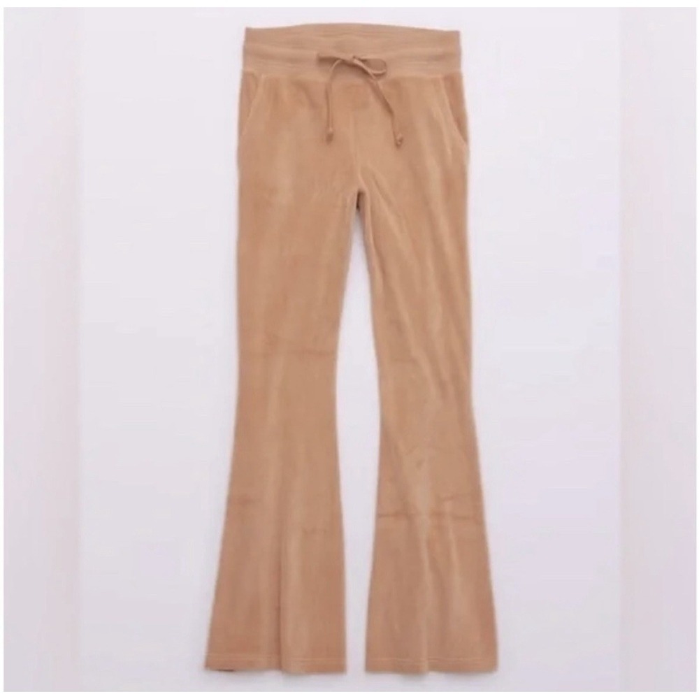 Aerie Real Obsessed Velour Flare Pants Large Toasty Brown Soft Lounge Drawstring